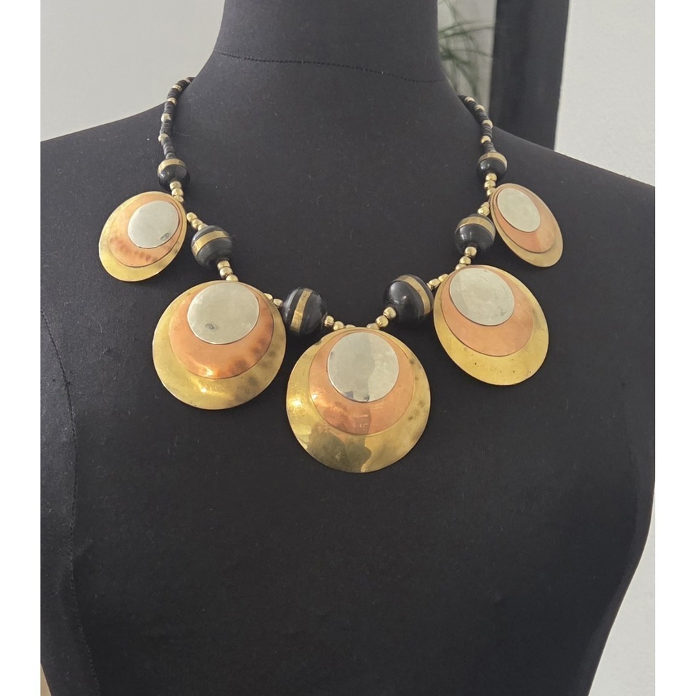 Vintage Statement Collar Necklace Copper Brass Silver Discs Beaded Mixed Metals